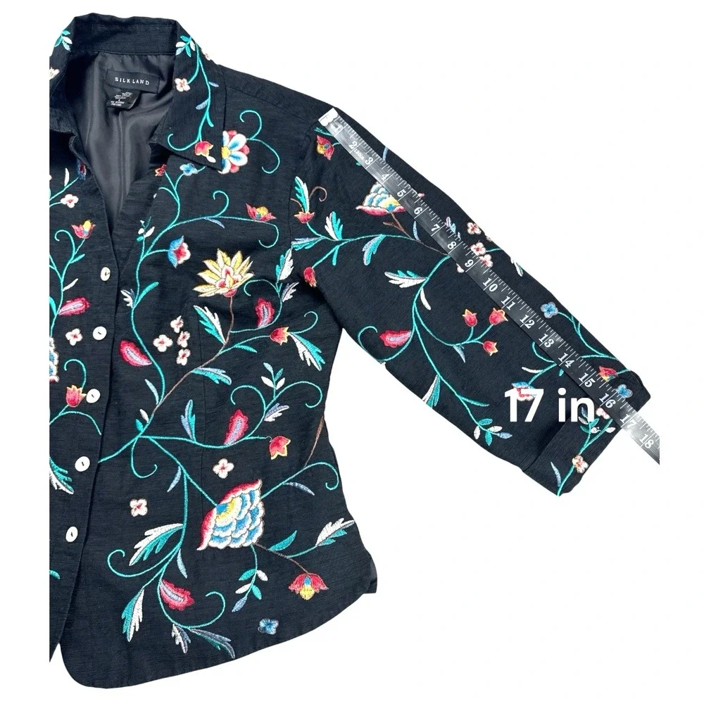 Silk Land Women's L Black 100% Silk Floral Embroidered Jacket 3/4 Sleeve